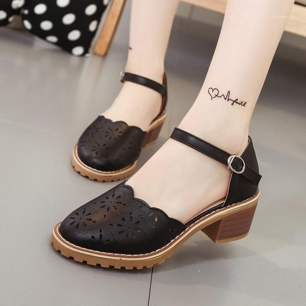 

hollow-carved women sandals 2020 summer style retro platform white sandals comfortable high hoof thick heels shoes plus size 401, Black