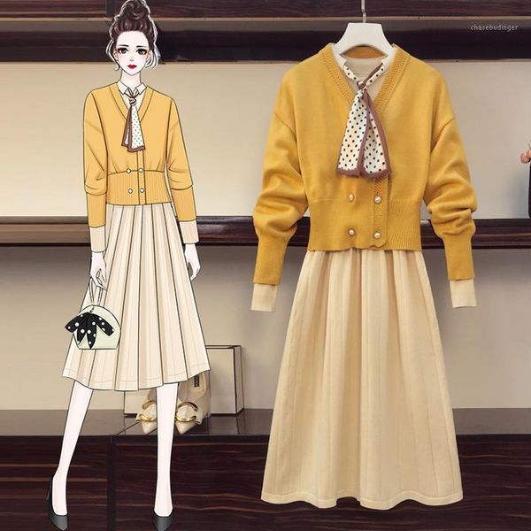 

winter sweater dress two piece women double-breasted knitted cardigan yellow & bow neck knitted midi dresses suit for female1, Black;gray