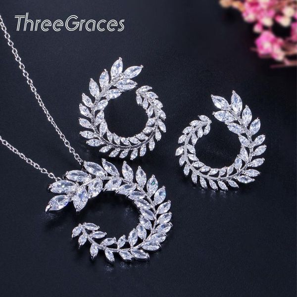 

threegraces famous design cubic zirconia crystal marquise cut earrings necklace fashion jewelry set for wedding party js202, Silver
