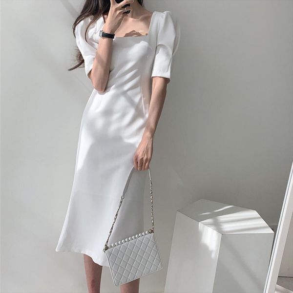 

2020 elegant women dresses high waist square collar vintage short sleeve solid midi dress female work wear white vestidos femme, Black;gray