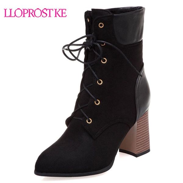 

boots lloprost ke 2021 winter female lace up block heel shoes black yellow footwear woman high heels riding ankle h460