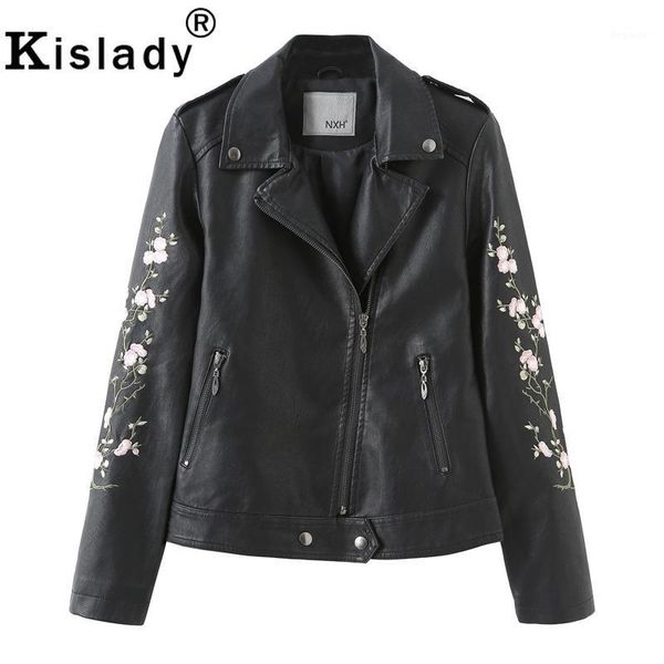 

2019 fall women's faux leather jacket vintage floral embroidery black biker jacket fashion winter coat gothic punk outwear1