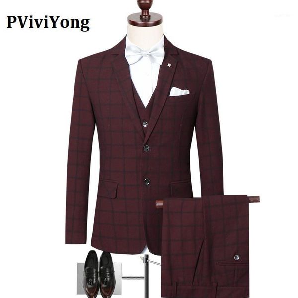 

pviviyong brand 2020 korea suit men wedding grid leisure business suit three-piece (jackets + vest + pants) sjt941, White;black
