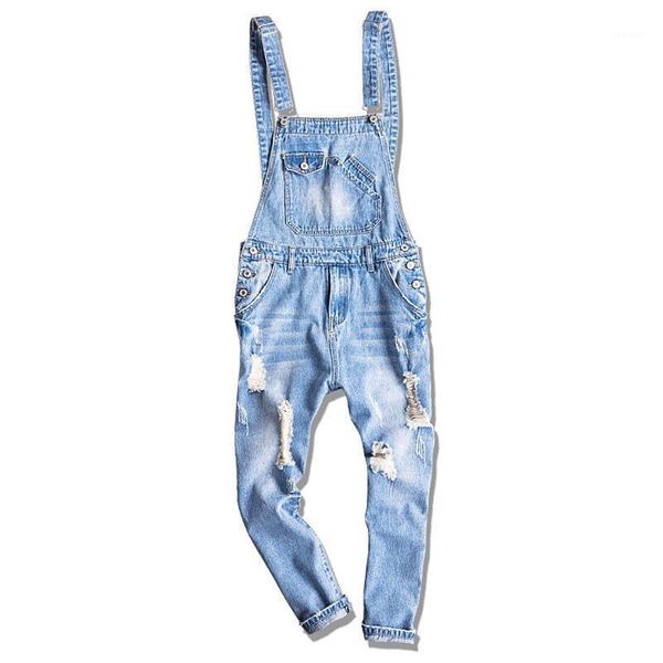 

men's casual loose work clothes extra large 5xl denim overalls huge pants piece denim jumper pants hole nine suspenders1, Blue