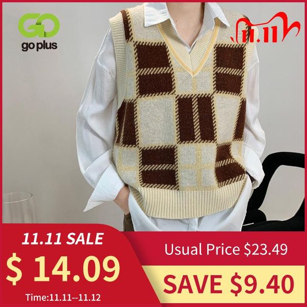 

goplus vest vintage plaid sweater vest women korean v-neck knitted sleeveless short sweater gilet femme pull sans manche c10786, Black;white