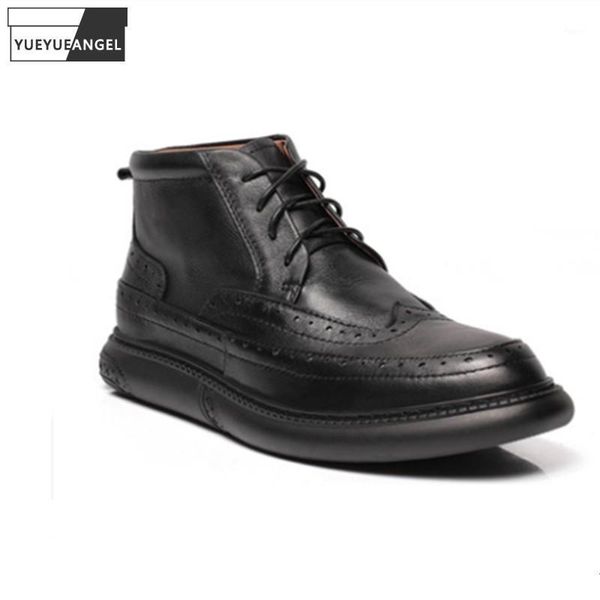 

dress shoes mens business british style retro genuine leather carved brogue fashion formal lace-up cowhide high, Black
