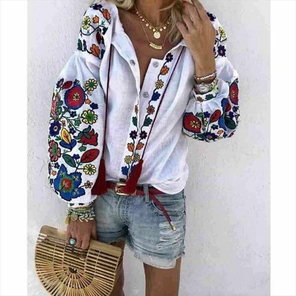 

women white floral ethnic style embroidered blouse and long sleeve turn down collar elegant shirt blusas mujer de moda 2019