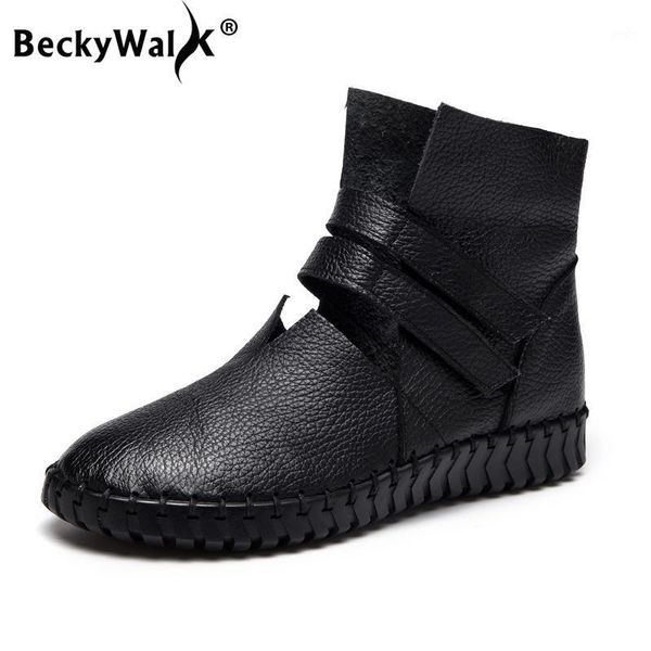

boots beckywalk autumn gladiator shoes women cut out ankle genuine leather booties ladies flats oxford woman 35-43 wsh30641, Black