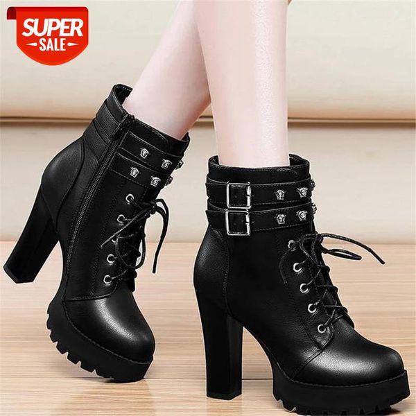 

winter new thick with velvet warm women boots female short boots laceup highheeled round head shallow mouth classic #zo99, Black
