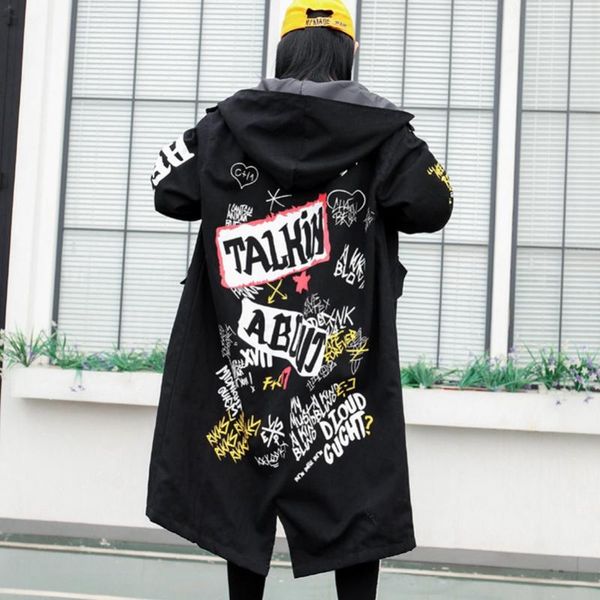 

women's trench coats 2021 fashion the loose hooded printing graffiti windbreaker, Tan;black