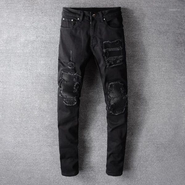 

men draped ripped skinny black biker holes washed jeans destroyed straight pants slim fit denim scratched overalls jean1, Blue