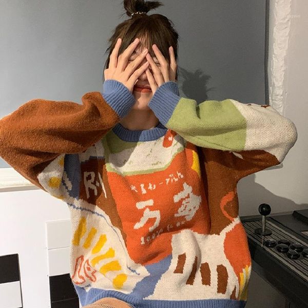 

autumn winter 2020 korean style loose knitted warm sweaters women muilt-color patchwork women sweaters and pullovers (f14631, White;black