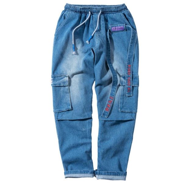 

2019 originally innovative men's high-quality leisure water washed jeans overalls multi pocket hip-hop straight pants for men q0105, Black;white