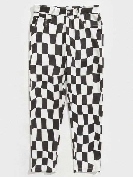 

men plaid straight leg pants a4v2#, Black