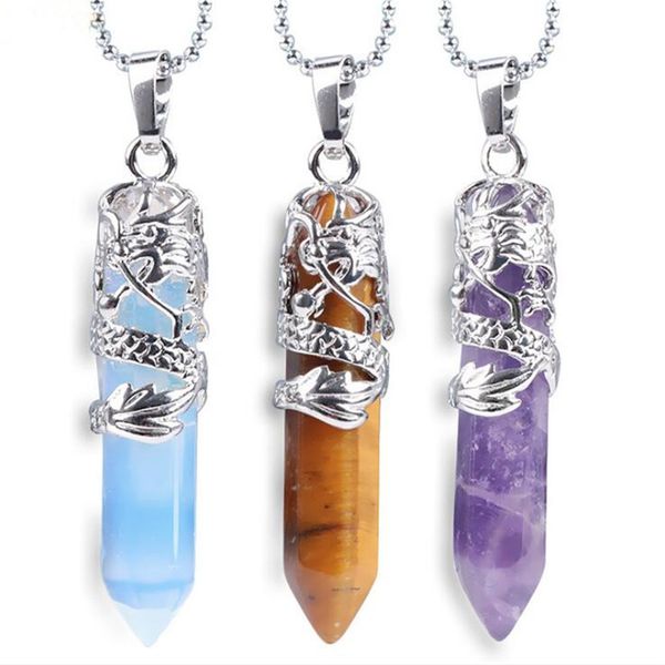 

new style 6pcs/lot totem dragon shaped natural stone pendant necklace hexagonal reiki bullet crystal pillar jewelry lovers q1209, Bronze;silver