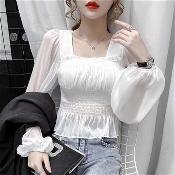 

2021 new puff sleeve solid blouse square collar ruffles short casual female autumn clothes korean style new fall women cpe4, White