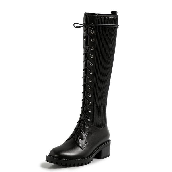 

2021 new women cross tied knee high winter long night club shoes woman genuine leather warm boots i59i, Black