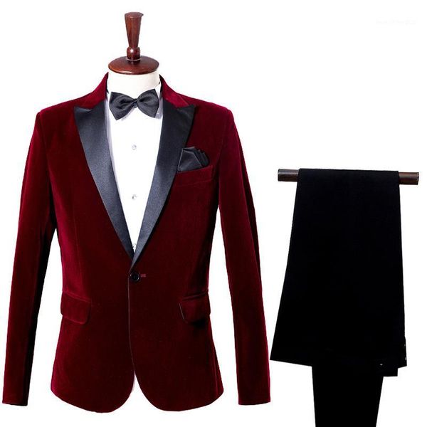 

men's suits & blazers wine red corduroy one button tuxedo with pants party wedding groom 2 pieces suit banquet dress blazer male costum, White;black