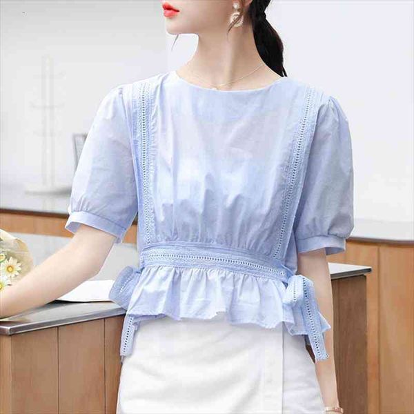 

korean sweet ruffle hem blouse women crop vintage puff sleeve cute womens and blouses lace hollow summer bandage, White