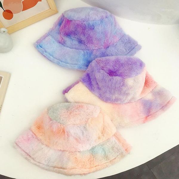 

fashion new plush bucket hat for women girl rainbow tie dye soft warm fishman cap winter lady gifts 7 colors1, Yellow