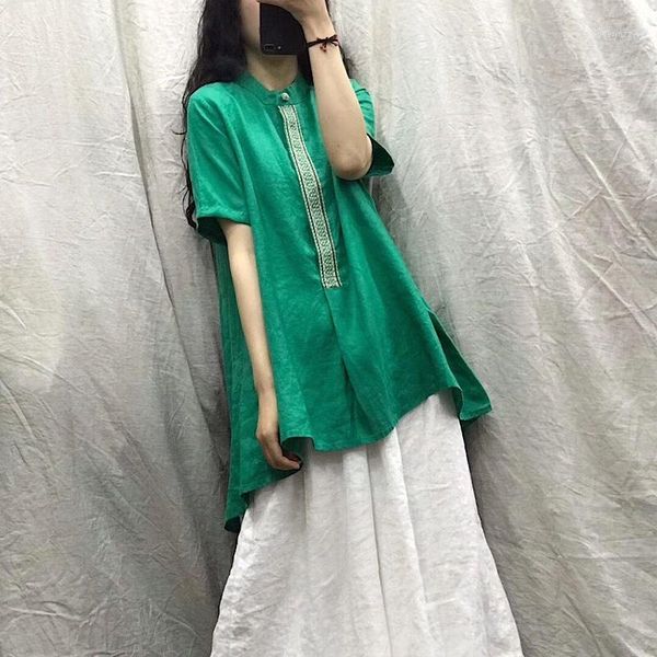 

women's blouses & shirts women summer linen stand collar shirt ladies vintage flax retro blouse female 2021 solid color shirts1, White