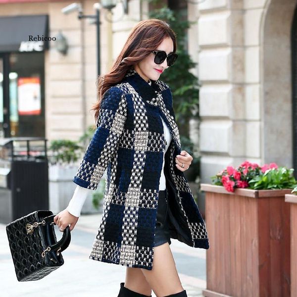 

women's wool & blends women sleeve weave plaid pocket temperament elegant contexture winter slim woolen long coat plus size, Black