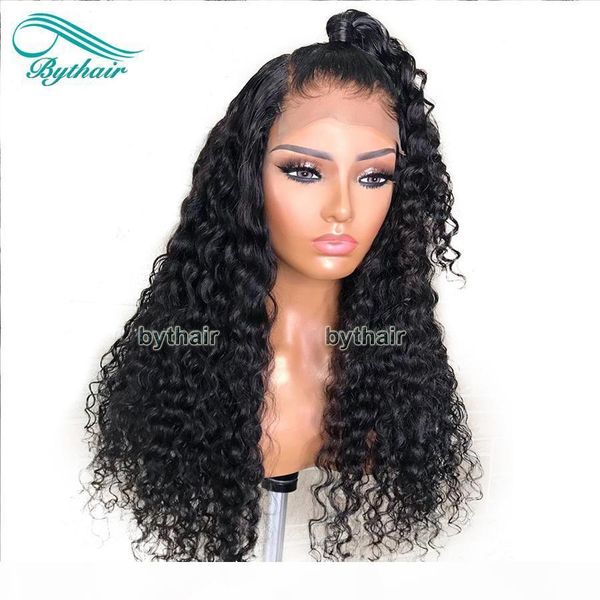 

brazilian full lace human hair wigs with baby hairs pre plucked natural hairline deep curly lace front wig for black women bythair, Black;brown