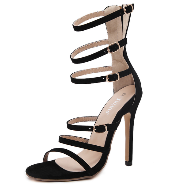 

dress shoes women sandals flock buckle strap 12cm thin heels high round toe cover heel sandal 2021, Black