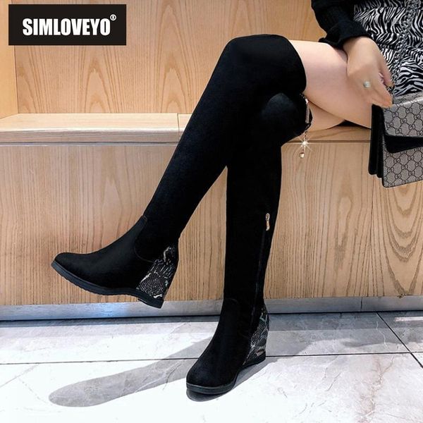 

boots simloveyo winter over-the-knee faux suede round toe 6cm wedge height increasing zipper fringe metal big size 34-43 b21201, Black