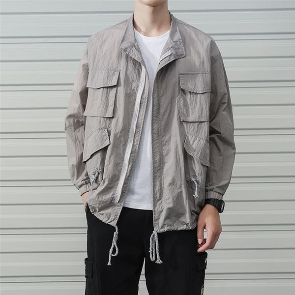 

male coat style summer clothes men ultra-thin sense of air thin jacket hip hop loose multi-pocket streetwear kg-220, Black;brown