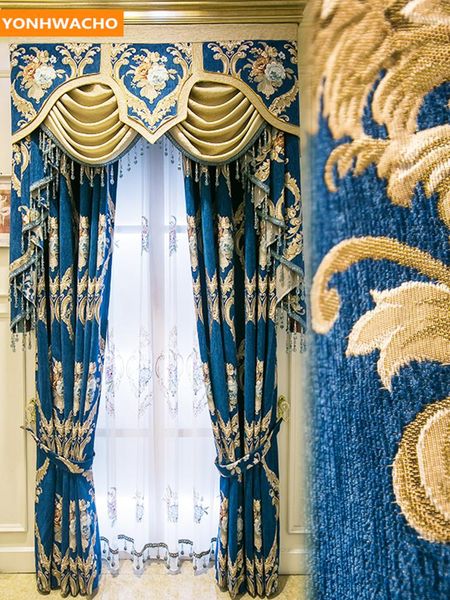 

custom curtains chenille american thick living room high-end villa floor blue cloth blackout curtain tulle valance drape b194