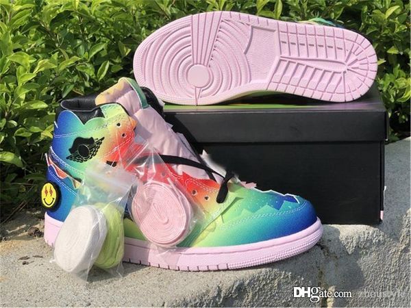 

новая распродажа воздуха аутентичные j balvin 1 высокий og цветки y вибрас кроссовки многоцветные языки языки черные розовые пены многоцветн