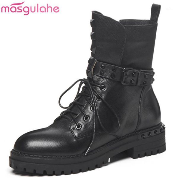 

masgulahe 2020 fashion autumn winter boots for women round toe lace up zip genuine leather boots ankle rivet med heels1, Black
