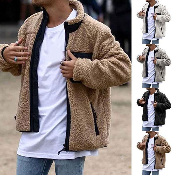 

new winter men coral fleece coat solid color outwear outdoor jacket soft comfortable keep warm overcoat 2021 fashion1, Black;white