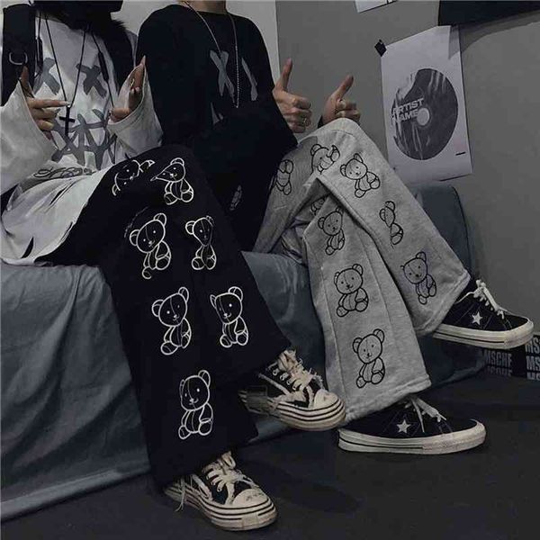 

japanese korean style harajuku trousers women kawaii cartoon print bear wide leg pants winter fashion sweatpants streetwear, Black;white