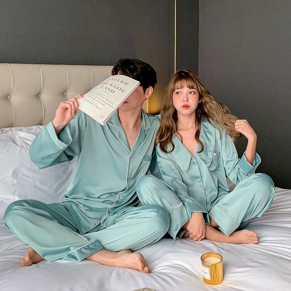 

Couple Satin Sleep Set Silky 2PCS Pajamas Set Nightwear Casual Solid Sleepwear Shirt&Pants Men&Women Home Clothes Pijamas, Women light blue