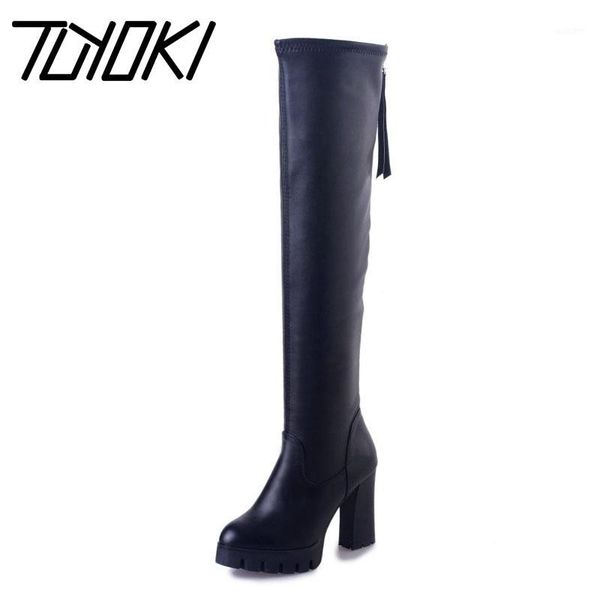 

boots tuyoki platform winter over the knee high heels quality round toe zipper daily shoes women footwear size 35-391, Black
