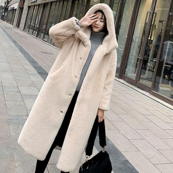 

2020 autumn winter faux fur coat women hooded thickening warm long faux fur coat women's overcoat clothes plus size1, Black