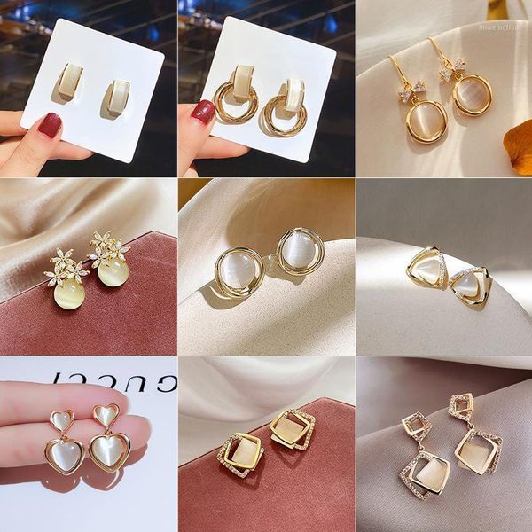 

korean graceful opal stud earrings girls elegant anti-allergy 925 silver needle geometric ear accessories women elegant jewelry1, Golden;silver
