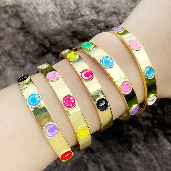 

new smiley face open cuff bracelet with exquisite enamel color covers bangle charm for women friendship jewelry gifts, Golden;silver