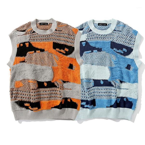 

camouflage knitted sweater men vintage autumn 2020 jacquard sleeveless winter korean clothes mens sweaters knit vest round neck1, Black;white
