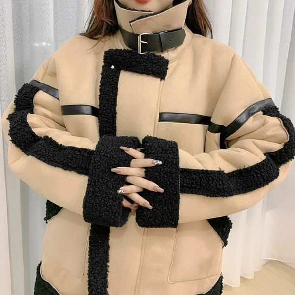 

women's fur & faux lucyever thick warm coat fashion patchwork stand collar coats women korean style loose pockets clothes femme, Black