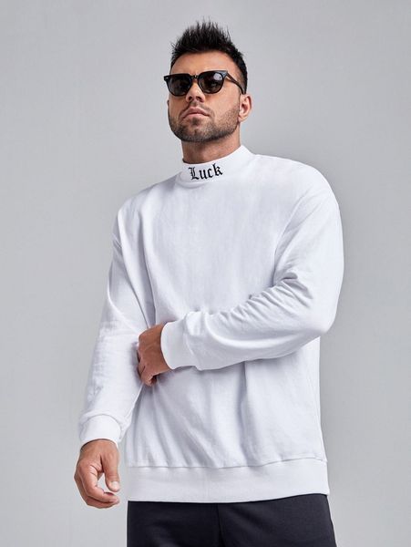 

extended sizes men letter embroidery mock neck pullover n1sy#, Black