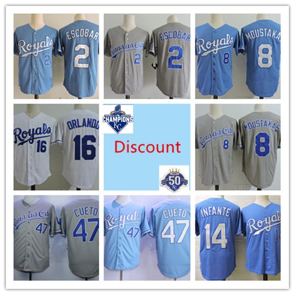 

discount mens #2 alcides escobar jersey #8 moustakas mike #14 omar infante 16 paulo orlando #47 johnny cueto baseball jersey, Black
