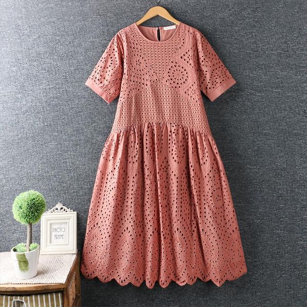 

2020 new summer art hipster cotton hollow embroidered dress round neck loose dress women solid color mori girl, Black;gray