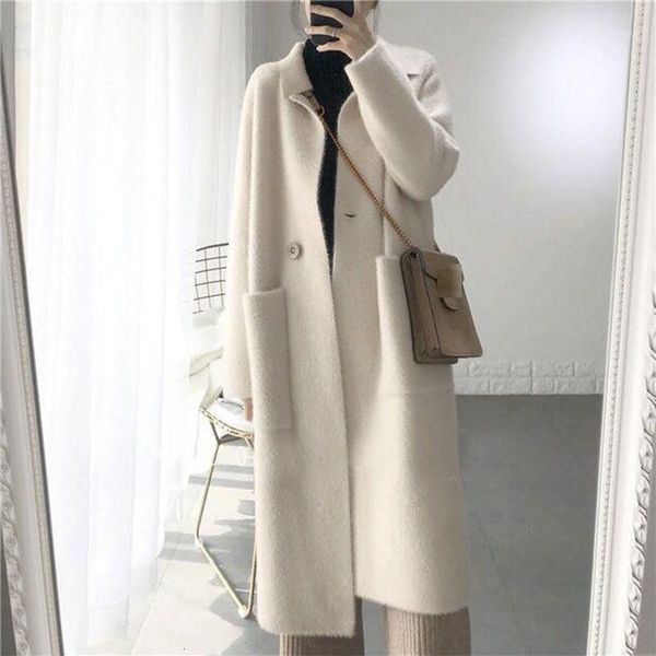 

2019 winter women wool cashmere solid loose coat jacket women woolen simple coat elegant lady long blend coats cardigan clothing1, Black