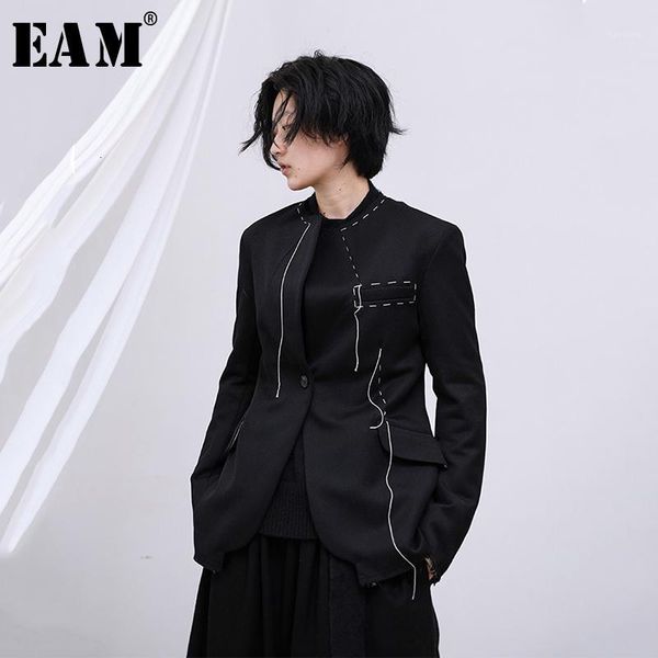 

eam] loose fit black line split joint short jacket new lapel long sleeve women coat fashion tide spring autumn 2020 1m7491, Black;brown