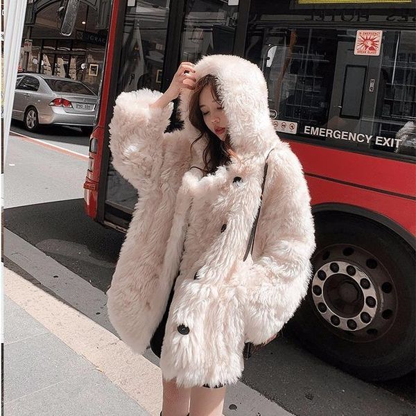 

women 2021 winter new solid color loose hooded jackets female thicken faux fur coats ladies warm single breasted outwears q554, Black
