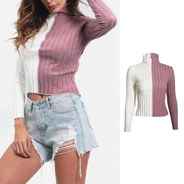 

women long sleeve turtleneck sweater color block knit slim pullover jumper d08e1, White;black