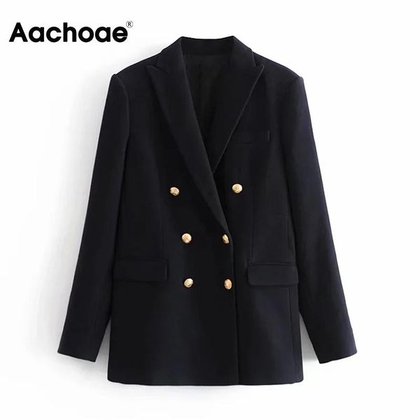 

aachoae casual black blazer suit double breasted vintage coat long sleeve notched neck ladies outerwear 2020 autumn spring, White;black